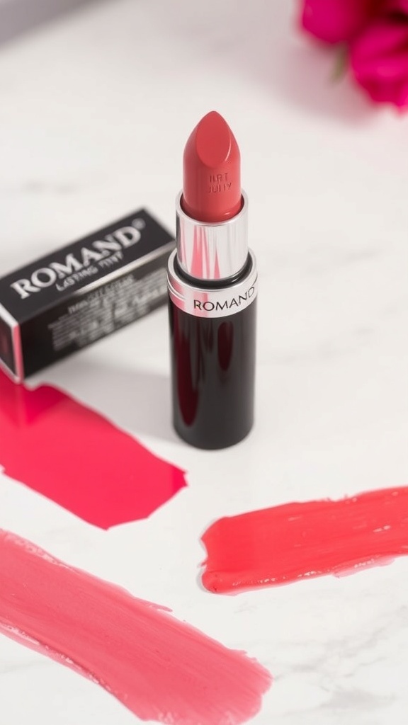 Romand Juicy Lasting Tint 9 Review Romand Juicy Lasting Tint 9 with swatches on a clean surface, showcasing its vibrant color.
